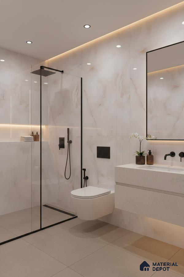 Modern bathroom with marble-look wall tiles and beige matte floor tiles | Material Depot