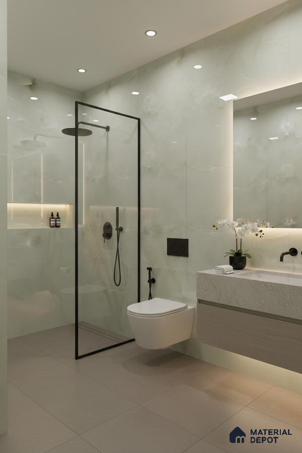 Modern bathroom with marble-look wall tiles, beige floor tiles, and floating vanity | Material Depot