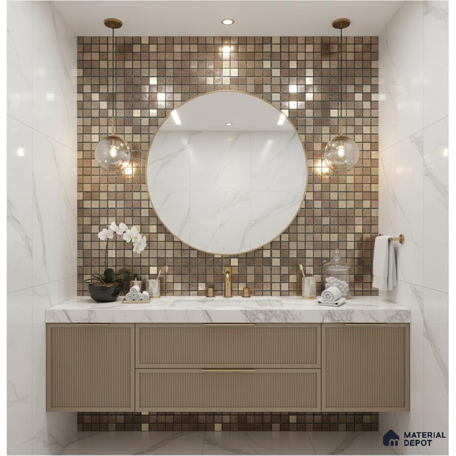 Modern bathroom with marble-look wall tiles, beige fluted vanity, and metallic mosaic accent wall