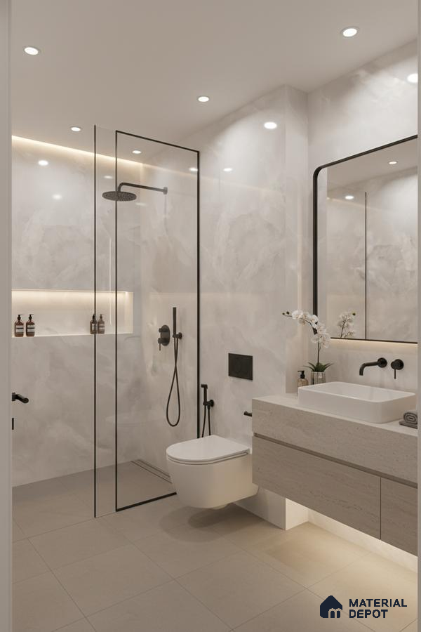 Modern bathroom with marble-look wall tiles, beige matte floor tiles, and floating vanity | Material Depot