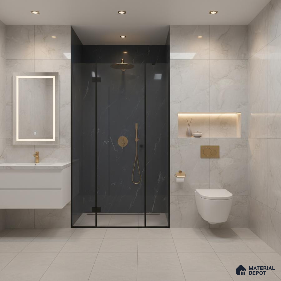 Modern bathroom with marble-look wall tiles, black marble shower partition, and gold accents | Material Depot