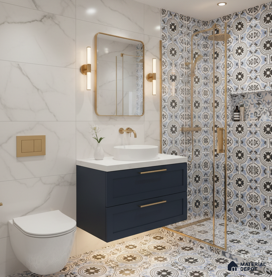 Modern bathroom with marble-look wall tiles, blue and white moroccan patterned floor and shower tiles, and navy floating vanity in Bengaluru | Material Depot