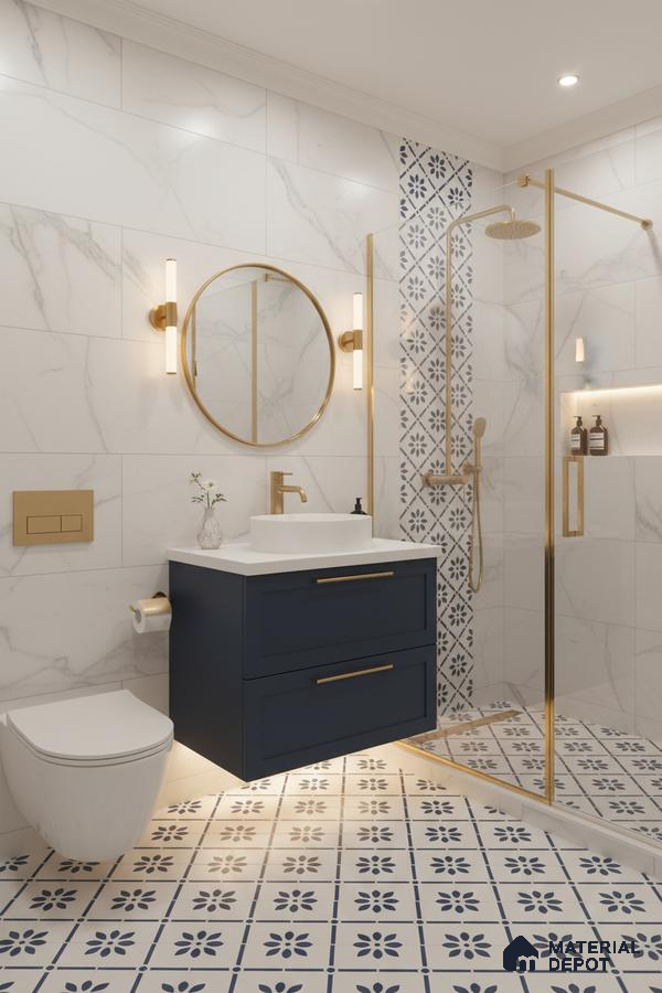 Modern bathroom with marble-look wall tiles, blue floral patterned floor tiles, and gold accents in Bengaluru | Material Depot
