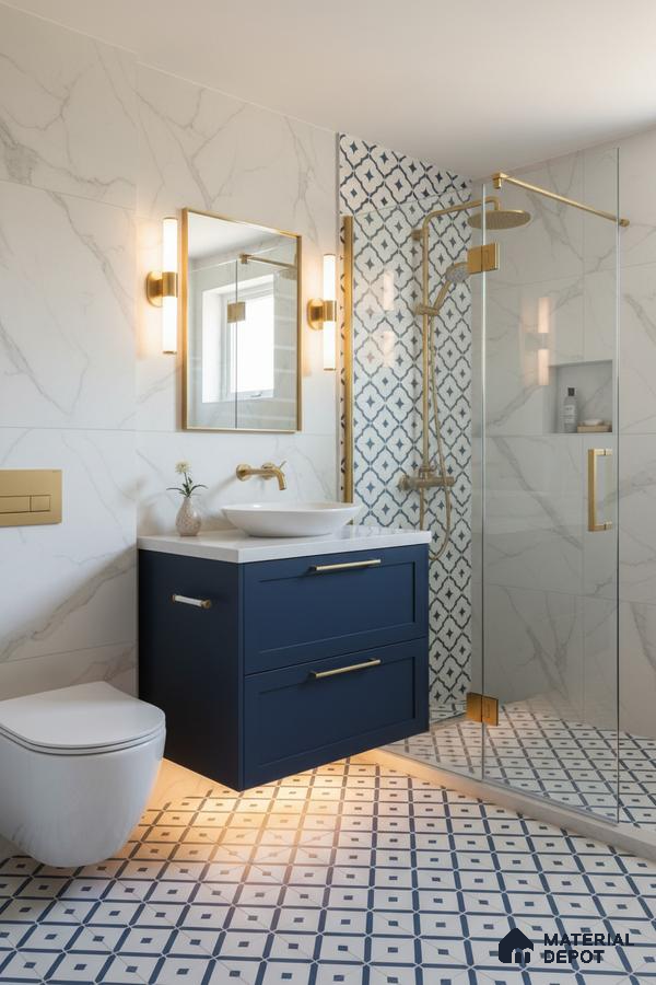 Modern bathroom with marble-look wall tiles, blue geometric patterned floor tiles, and navy vanity in Bengaluru | Material Depot
