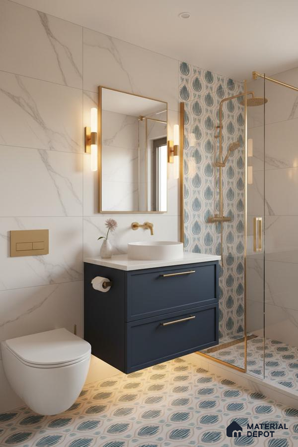 Modern bathroom with marble-look wall tiles, blue patterned floor and shower tiles, and navy floating vanity in Bengaluru | Material Depot