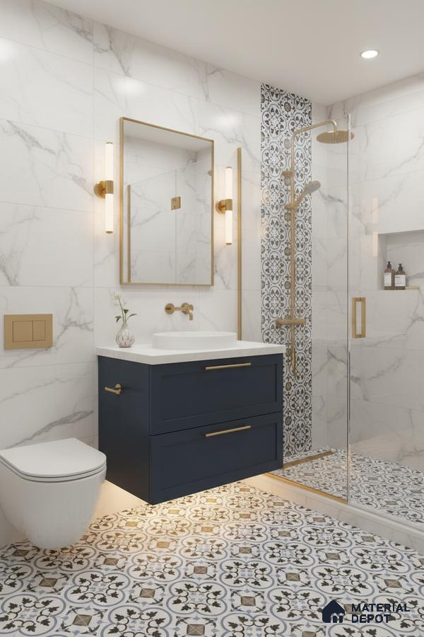 Modern bathroom with marble-look wall tiles, blue vanity, and patterned moroccan floor tiles in Bengaluru | Material Depot