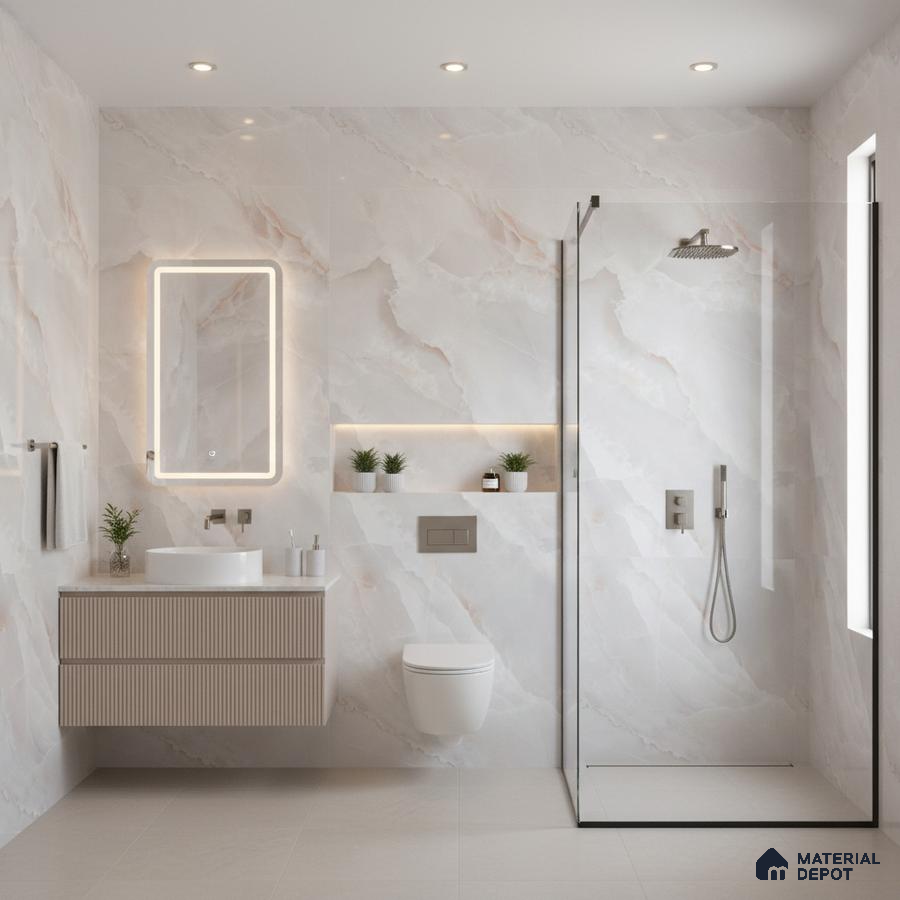 Modern bathroom with marble-look wall tiles, fluted vanity, and beige floor tiles | Material Depot