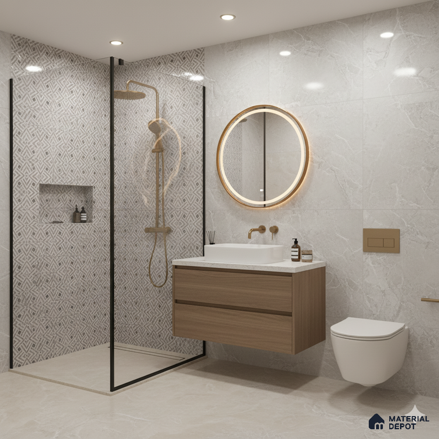 Modern bathroom with marble-look wall tiles, geometric patterned shower tiles, and wood vanity | Material Depot