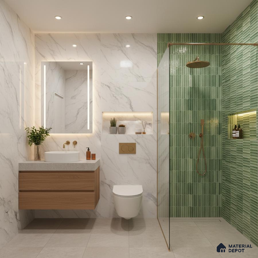 Modern bathroom with marble-look wall tiles, green kitkat wall tiles, and floating wood vanity | Material Depot