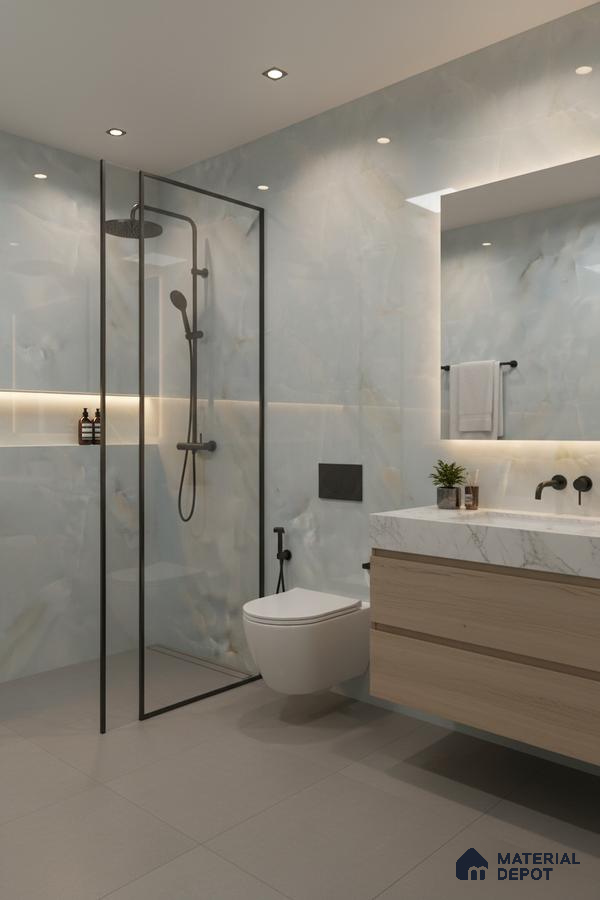 Modern bathroom with marble-look wall tiles, grey floor tiles, and light oak vanity | Material Depot