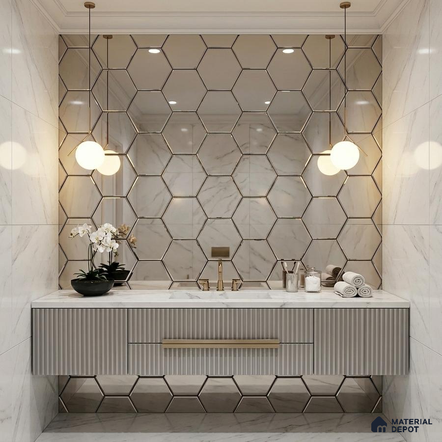 Modern bathroom with marble-look wall tiles, hexagonal mirror accent, and fluted vanity