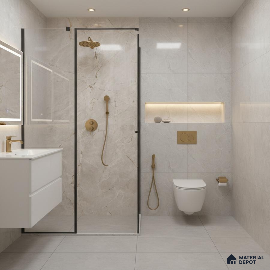 Modern bathroom with marble-look wall tiles, matte gold fixtures, and light grey floor tiles | Material Depot