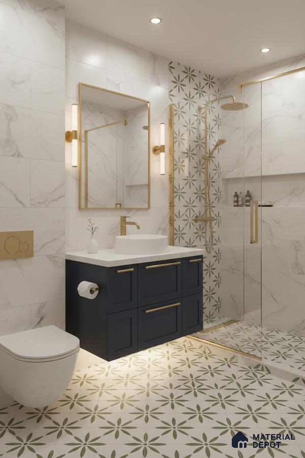 Modern bathroom with marble-look wall tiles, olive green floral patterned floor tiles, and navy vanity in Bengaluru | Material Depot