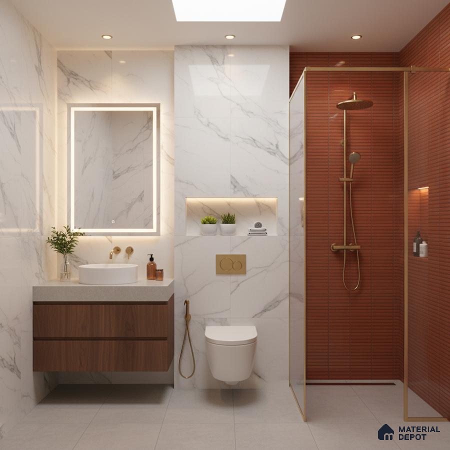 Modern bathroom with marble-look wall tiles, terracotta fluted shower tiles, and wooden vanity | Material Depot