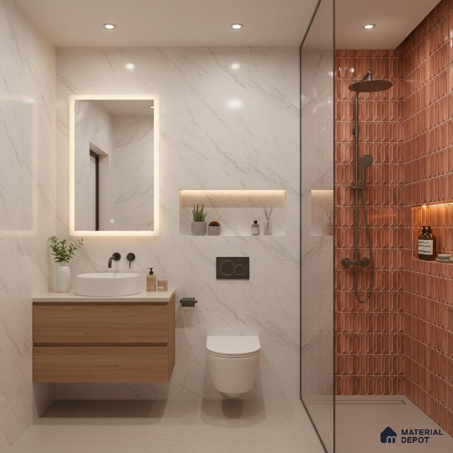 Modern bathroom with marble-look wall tiles, terracotta geometric highlighter shower tiles, and wood vanity | Material Depot