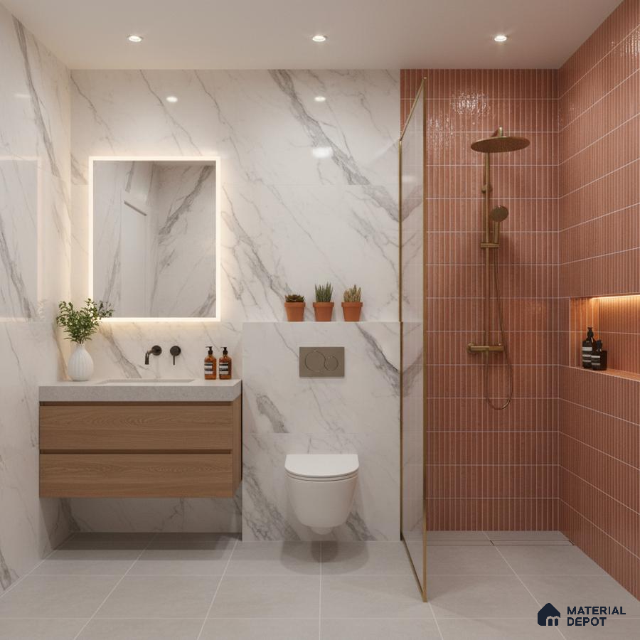 Modern bathroom with marble-look wall tiles, terracotta kitkat shower tiles, and floating wood vanity | Material Depot