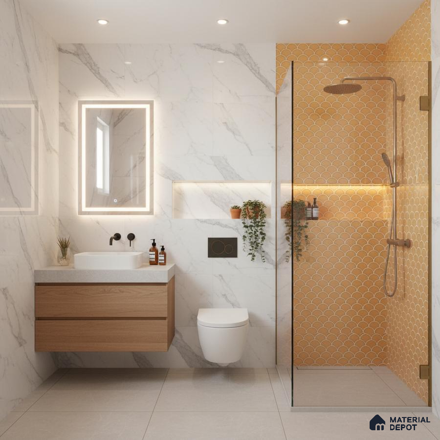 Modern bathroom with marble-look wall tiles, yellow fish scale highlighter tiles, and floating wood vanity | Material Depot