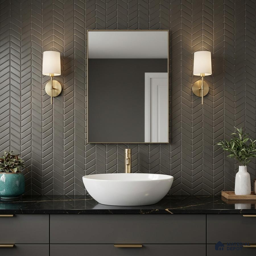 Modern bathroom with matte black chevron wall tiles and black marble countertop