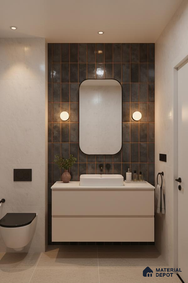 Modern bathroom with matte black vertical wall tiles, beige floating vanity, and marble-look wall tiles | Material Depot