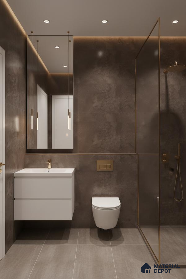 Modern bathroom with matte brown stone wall tiles, taupe floor tiles, and white floating vanity | Material Depot