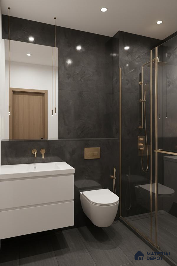 Modern bathroom with matte charcoal grey stone tiles, white floating vanity, and brushed gold fixtures | Material Depot