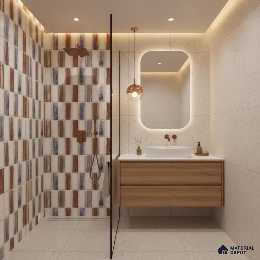 Modern bathroom with multicolor patterned wall tiles, terrazzo floor tiles, and wood finish floating vanity | Material Depot