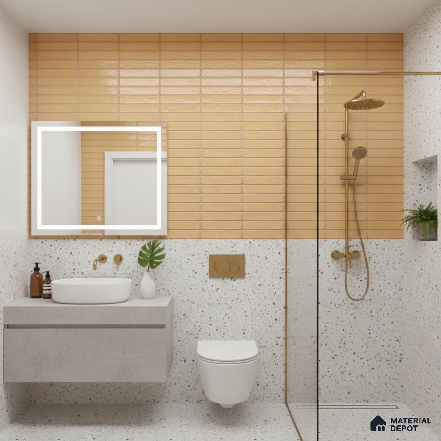 Modern bathroom with mustard kitkat wall tiles and terrazzo wall and floor tiles | Material Depot