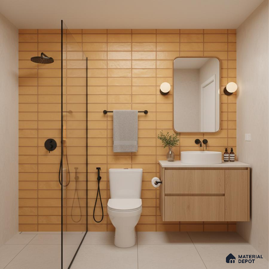 Modern bathroom with mustard yellow subway wall tiles and light oak laminate vanity | Material Depot