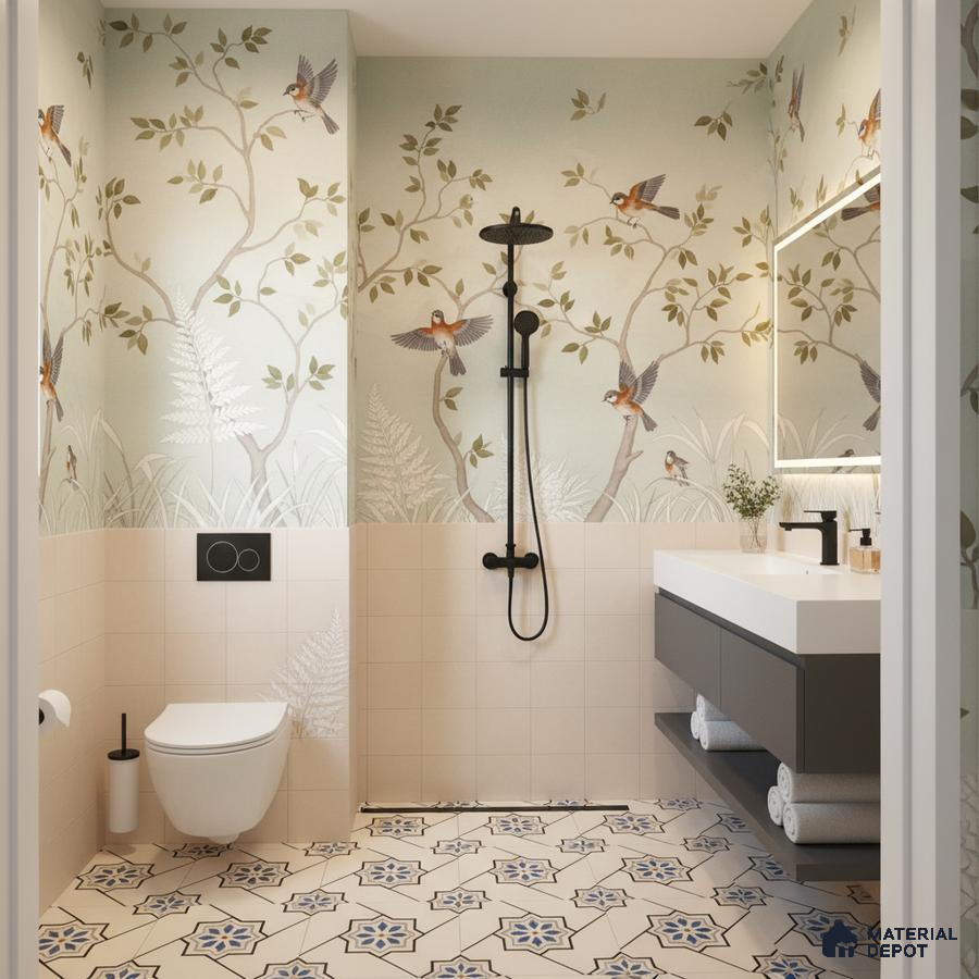 Modern bathroom with nature wallpaper, beige wall tiles, and blue geometric patterned floor tiles in Bengaluru | Material Depot