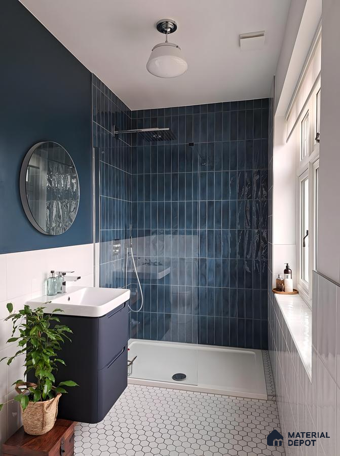 Modern Bathroom with Navy Blue Tiles and White Hexagonal Floor Tiles | Material Depot