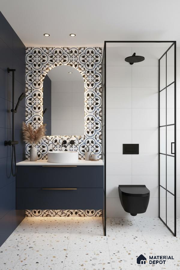 Modern bathroom with navy blue vanity, black and white moroccan wall tiles, and terrazzo floor tiles in Bengaluru | Material Depot