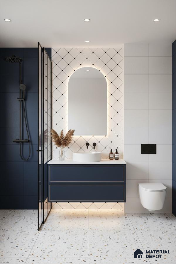 Modern bathroom with navy blue vanity, terrazzo floor tiles, and diamond pattern wall tiles in Bengaluru | Material Depot