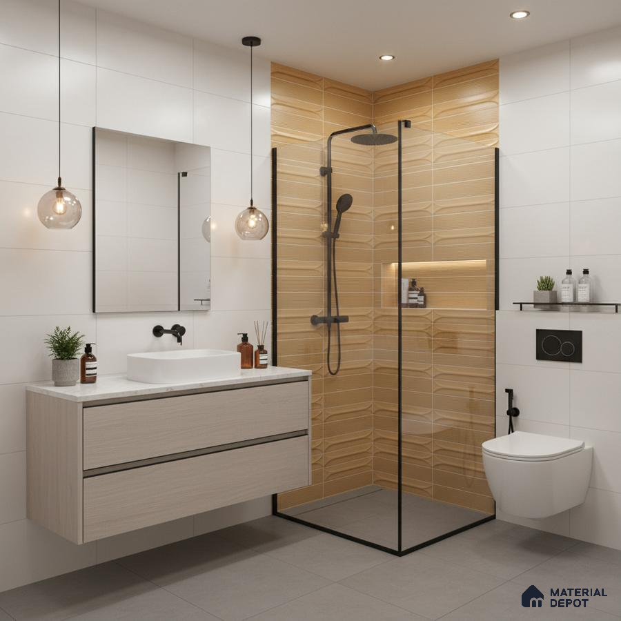 Modern bathroom with ochre geometric highlighter wall tile, white wall tile, and light wood floating vanity | Material Depot
