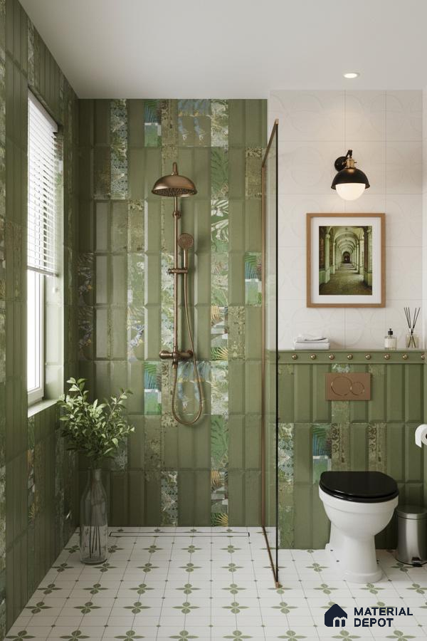 Modern bathroom with olive green kitkat and tropical highlighter wall tiles and patterned white and green floor tiles | Material Depot