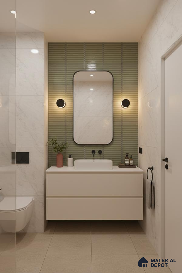 Modern bathroom with olive green kitkat wall tiles and white marble-look wall tiles | Material Depot