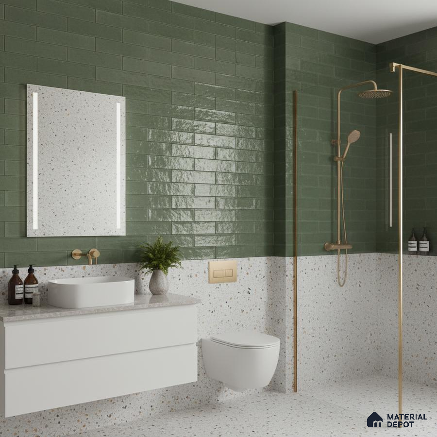 Modern bathroom with olive green subway wall tiles and terrazzo wall and floor tiles | Material Depot