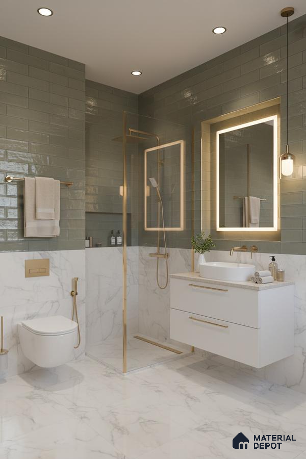 Modern bathroom with olive green subway wall tiles, white marble-look tiles, and gold accents | Material Depot