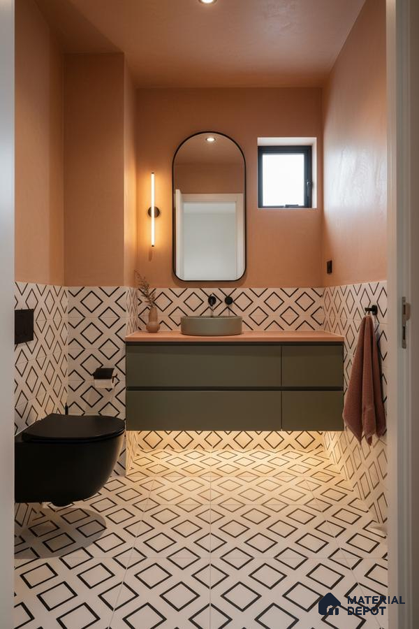 Modern bathroom with olive green vanity, geometric black-and-white wall and floor tiles, and terracotta wall paint in Bengaluru | Material Depot