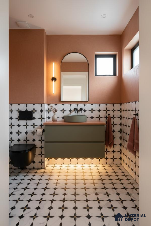 Modern bathroom with olive green vanity, terracotta wall paint, and black-and-white geometric patterned tiles in Bengaluru | Material Depot