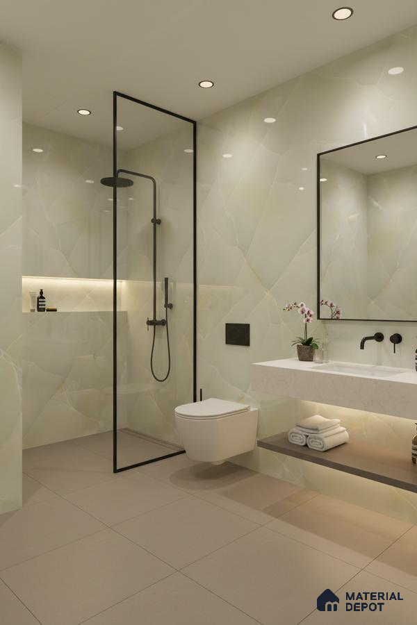 Modern bathroom with onyx marble-look wall tiles and beige matte floor tiles | Material Depot