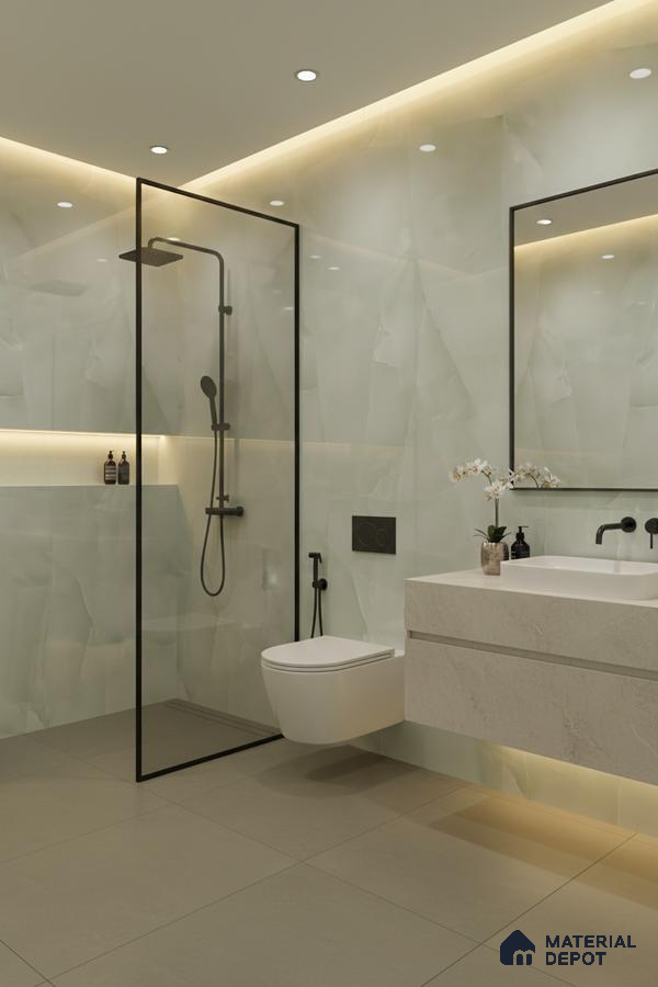 Modern bathroom with onyx-look wall tiles and beige matte floor tiles | Material Depot