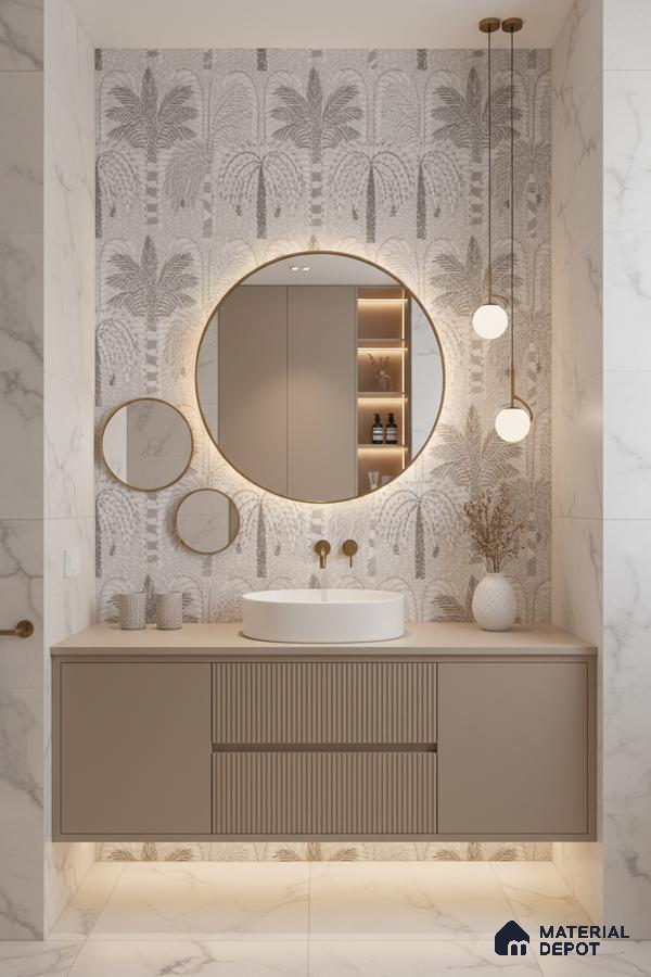 Modern bathroom design with palm patterned tile, beige fluted vanity, and white marble wall tiles in Bengaluru | Material Depot