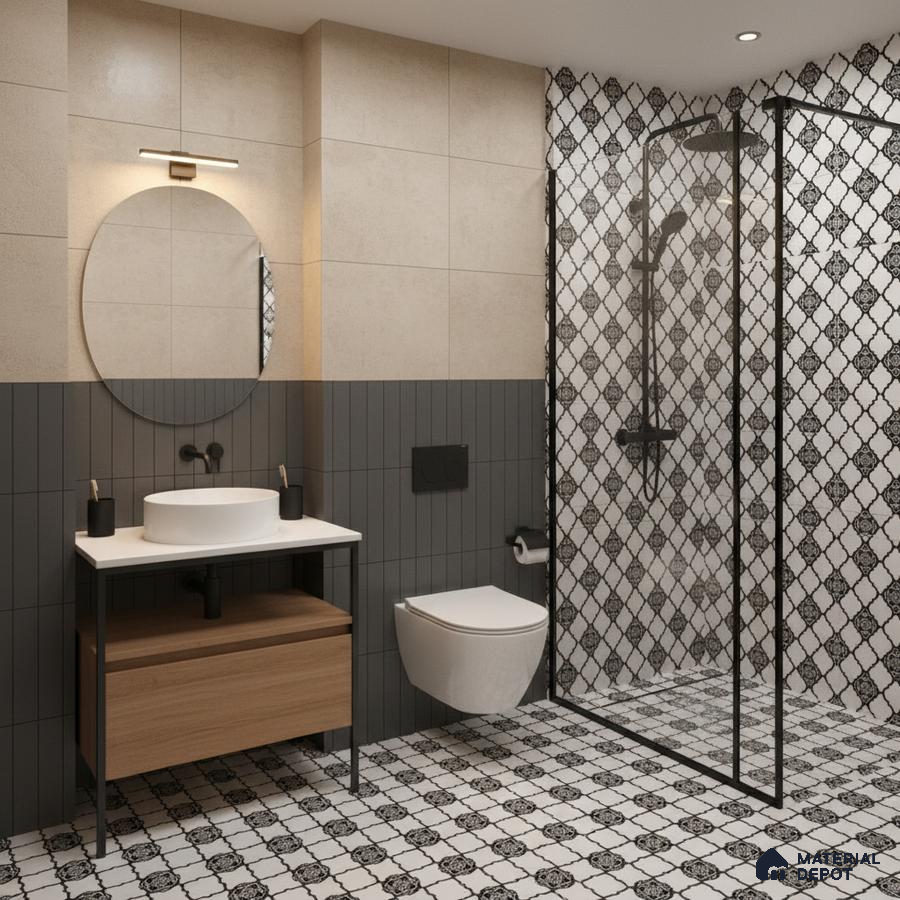 Modern bathroom with patterned black-and-white floor tiles, beige wall tiles, and grey vertical subway wall tiles in Bengaluru | Material Depot