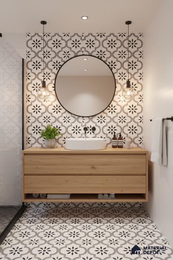 Modern bathroom with patterned black-and-white geometric tiles and light oak floating vanity in Bengaluru | Material Depot