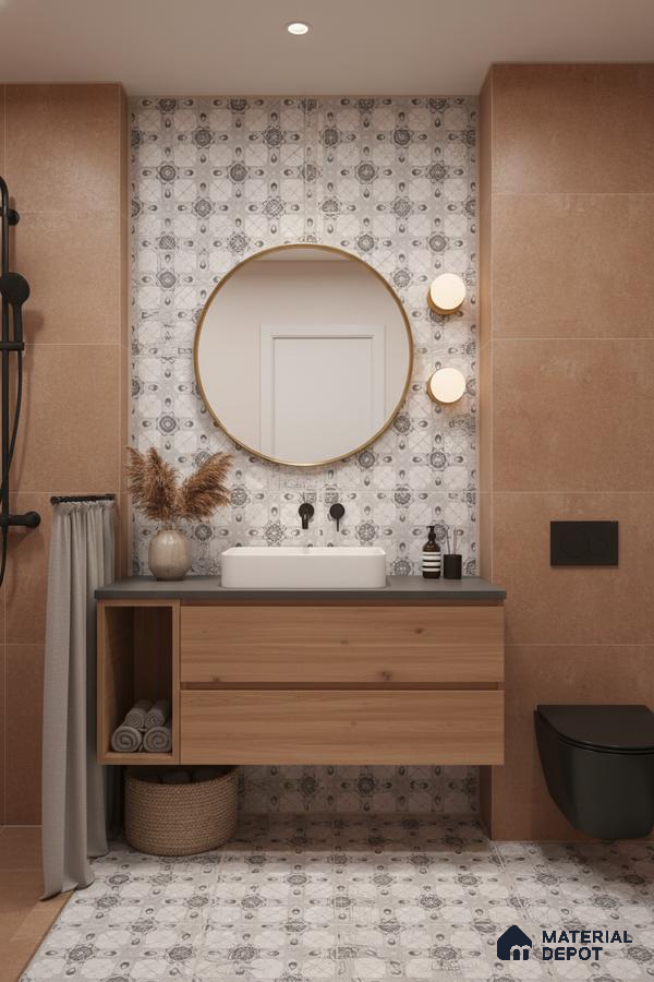 Modern bathroom with patterned grey and white tiles, tan stone wall tiles, and wood vanity in Bengaluru | Material Depot