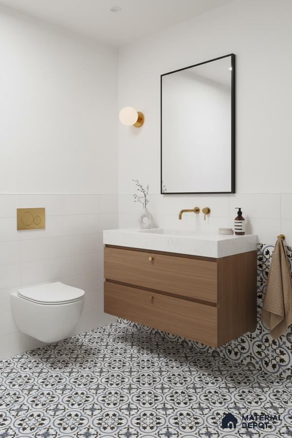 Modern bathroom with patterned moroccan floor tiles, white quartz countertop, and wood laminate vanity in Bengaluru | Material Depot