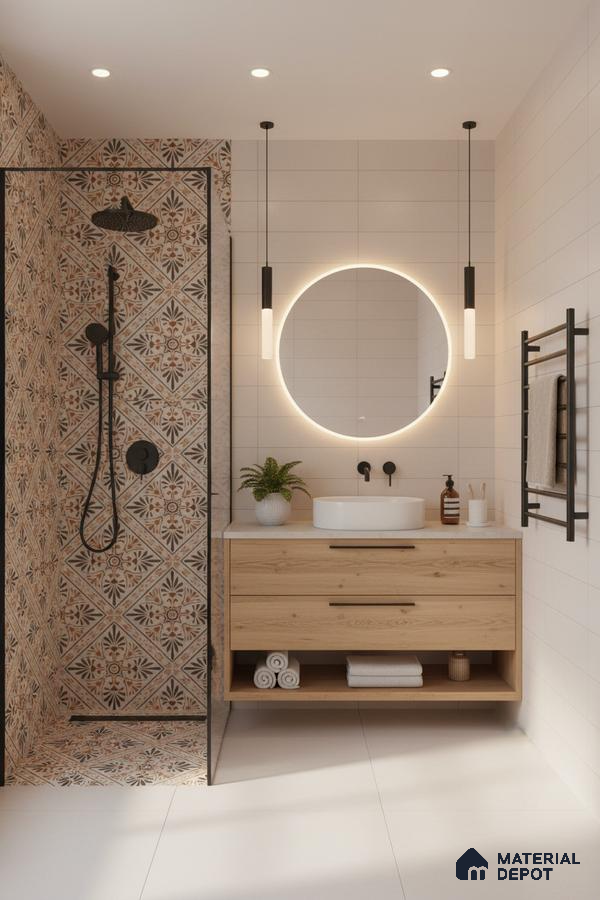 Modern bathroom with patterned moroccan shower tiles, light oak vanity, and matte white wall tiles in Bengaluru | Material Depot