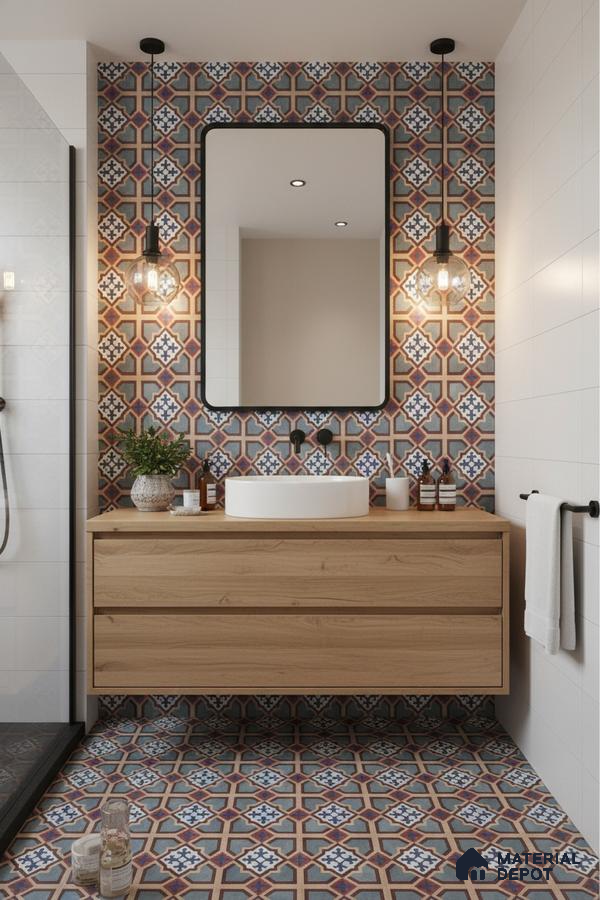 Modern bathroom with patterned moroccan tiles and natural wood vanity in Bengaluru | Material Depot