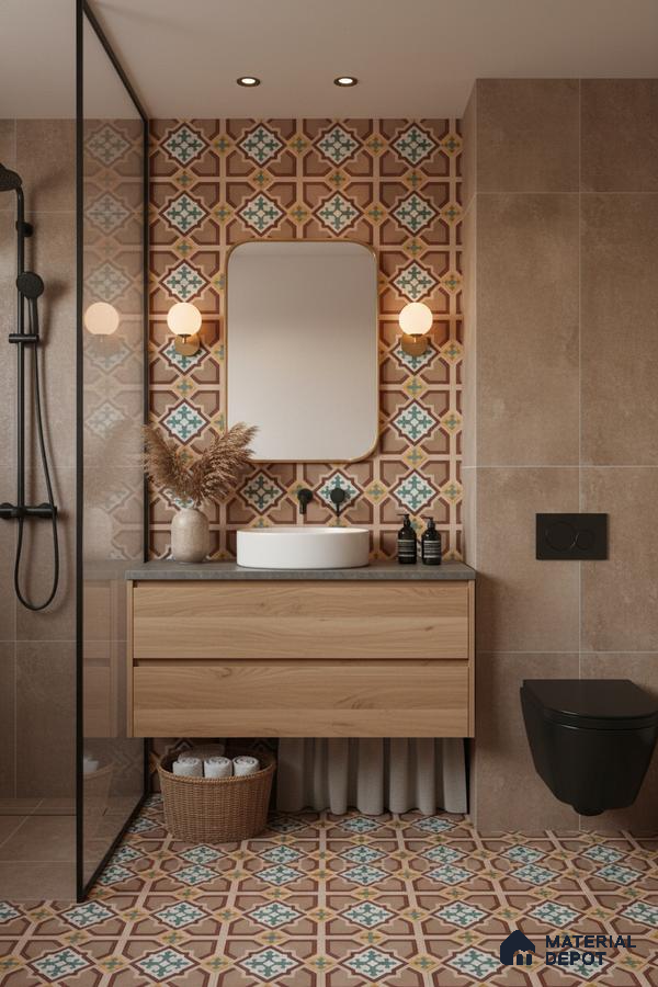 Modern bathroom with patterned moroccan tiles, beige stone wall tiles, and oak wood vanity in Bengaluru | Material Depot