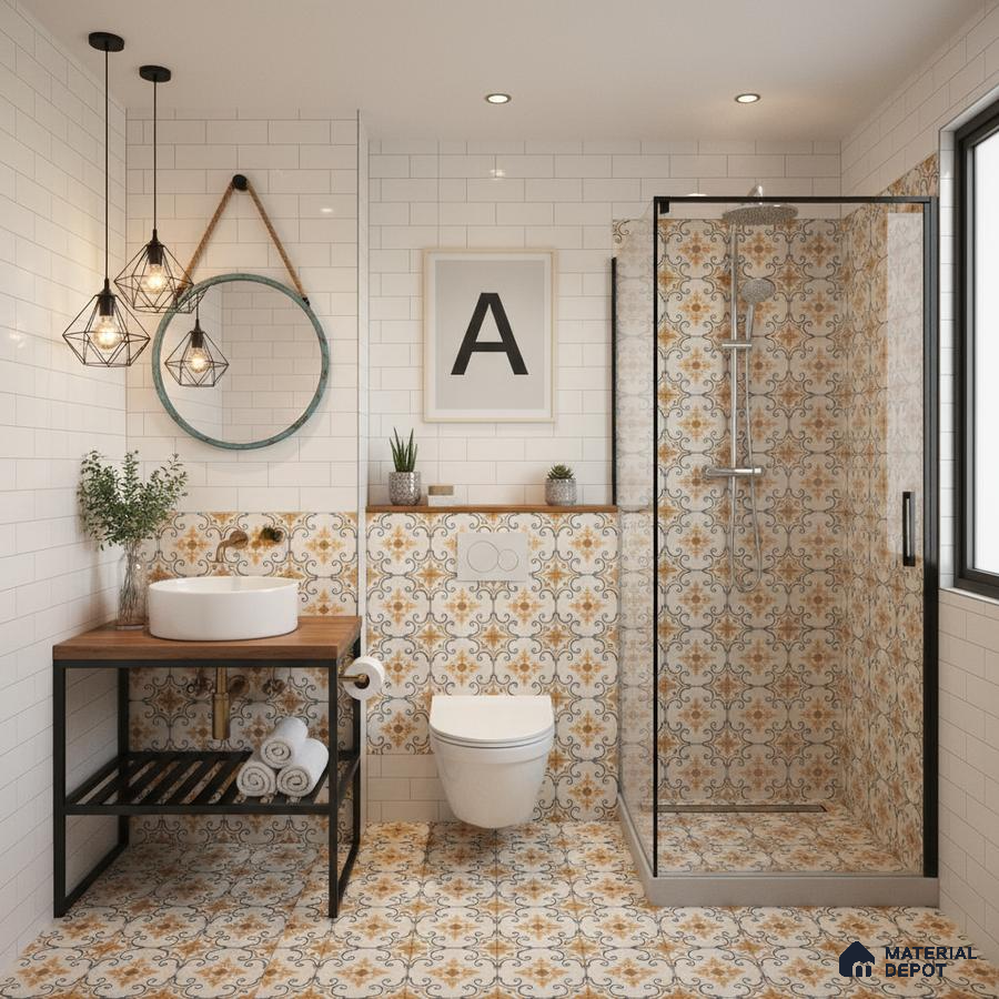 Modern bathroom with patterned moroccan tiles, white subway wall tiles, and wood countertop vanity in Bengaluru | Material Depot